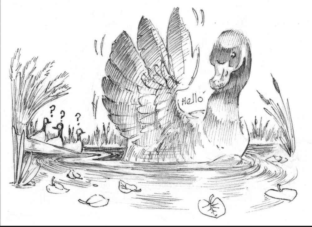 Friendly greetings from a goose. Confused geese in the background. From Lucky Duck. Drawn in copic sp pen.