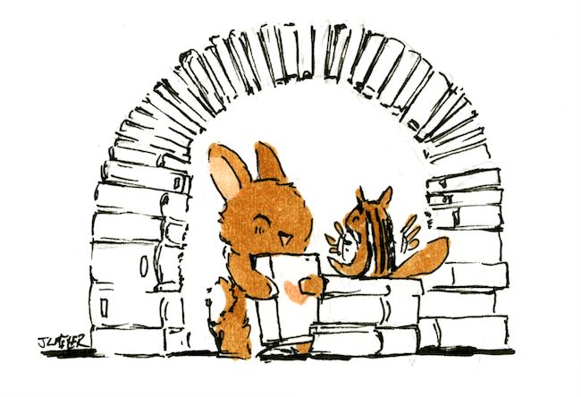 Bunny enters a book arch with her beloved book. On a book pile is a happy chipmunk