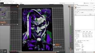Screen capture of Prusa Slicer software showing the sliced (preview) version of The Joker.  Notable information included is the print time of approximately four hours.