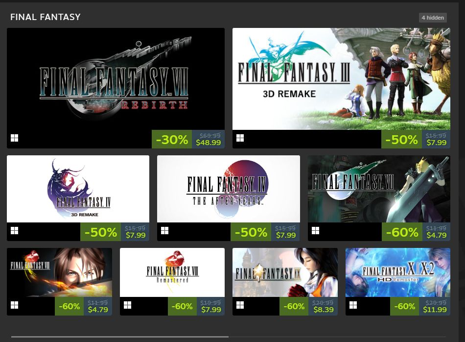 Screen shot of a Steam promotion featuring 10 different Final Fantasy games, each with their own price