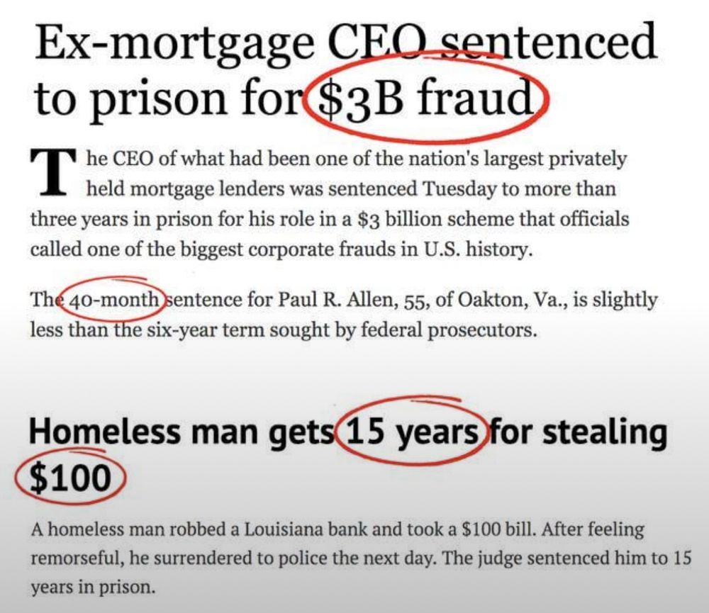 Ex-mortgage CEO sentenced to prison for $3B fraud)
The CEO of what had been one of the nation's largest privately
held mortgage lenders was sentenced Tuesday to more than* three years in prison for his role in a $3 billion scheme that officials called one of the biggest corporate frauds in U.S. history.
The 40-month sentence for Paul R. Allen, 55, of Oakton, Va., is slightly less than the six-year term sought by federal prosecutors.
Homeless man gets 15 years for stealing
$100
A homeless man robbed a Louisiana bank and took a $100 bill. After feeling remorseful, he surrendered to police the next day. The judge sentenced him to 15 years in prison.