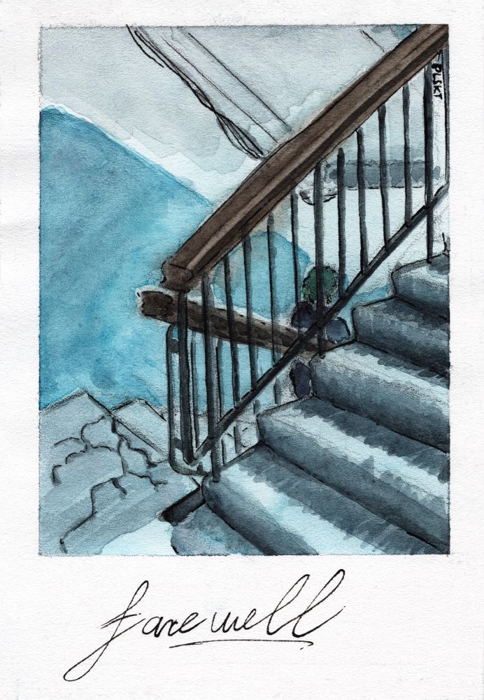 A watercolor painting of a stairwell. There is a silhouette of a person going down the stairs. It’s painted in cooler tones. There is a cursive “farewell” down below.
