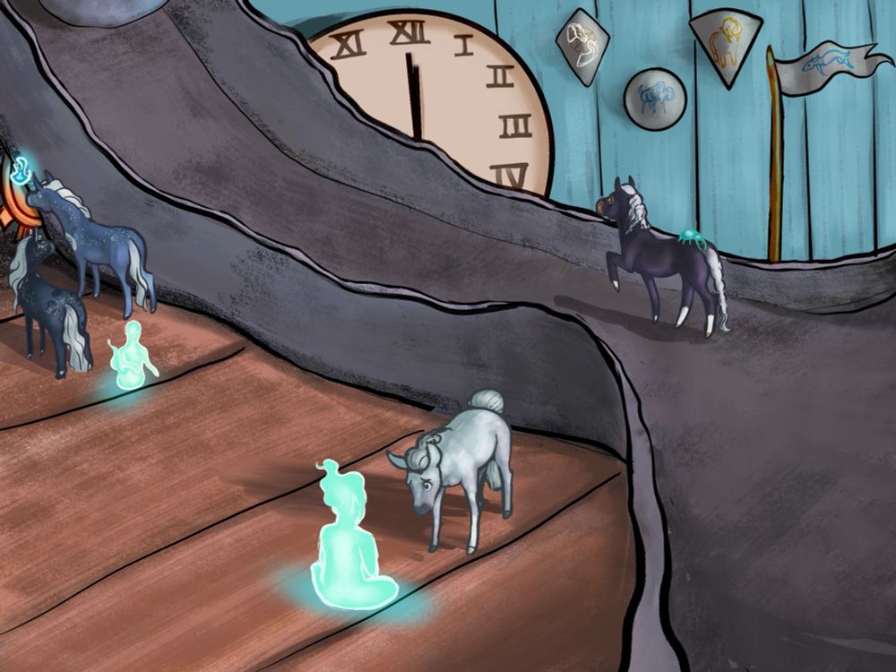 4 horses come across a lone elf spirit and strange clock mechanism 