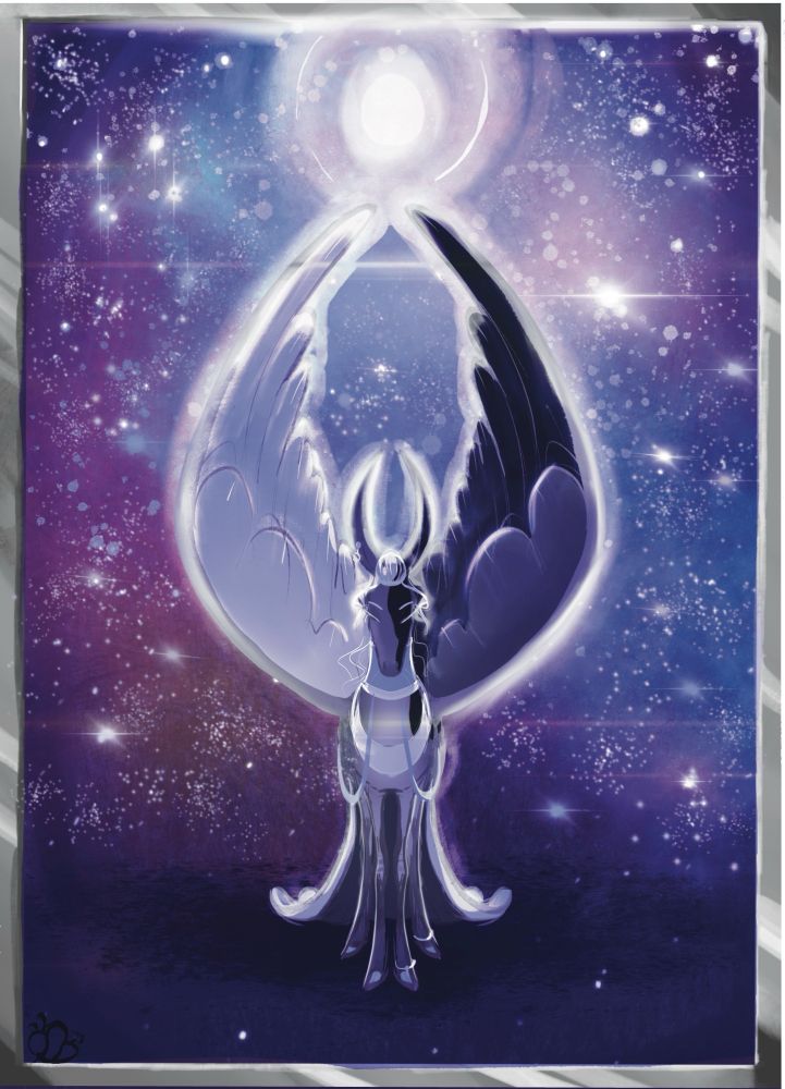 Tarot card style of a black and grey Pegasus standing beneath the moonlight with her wings raised