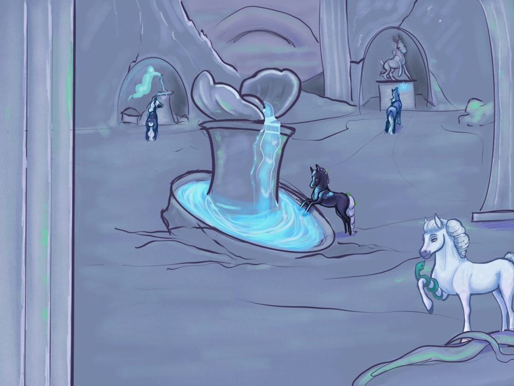 A blue illustration featuring 4 horses dungeon diving around statues and a fountain 