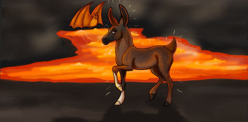 A mule like horse shows off his newly shaved coat as a way to keep cool against the lava environment of the dungeons while his golden bat flies above him trying to fan him 