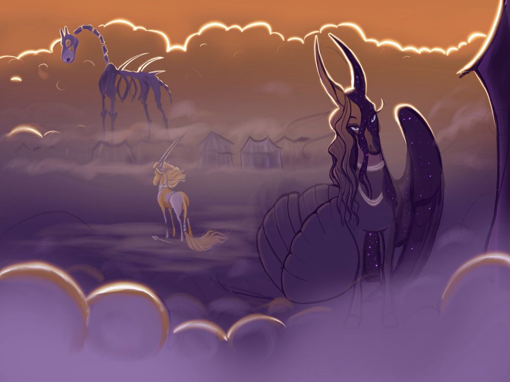 A Pegasus stands foreground in the mist of a sunset. In the distance a giraffe skeleton stands with an eyeball in its mouth
