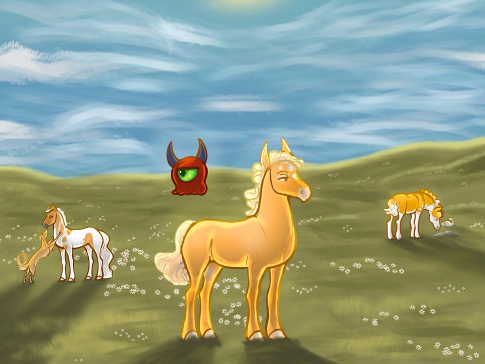 3 yellow horses stand in a wide meadow under the sun while 1 of them looks over the rest and their pet companions