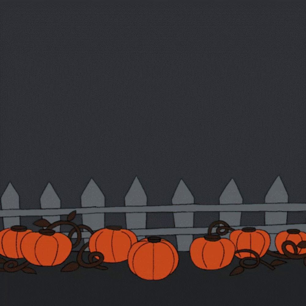 a cartoon of a man with a pumpkin on his head jumping over a fence