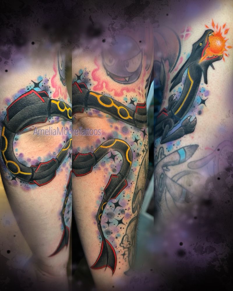 A collage showing a few different angles on a big wrapping Pokémon tattoo featuring shiny Rayquaza 