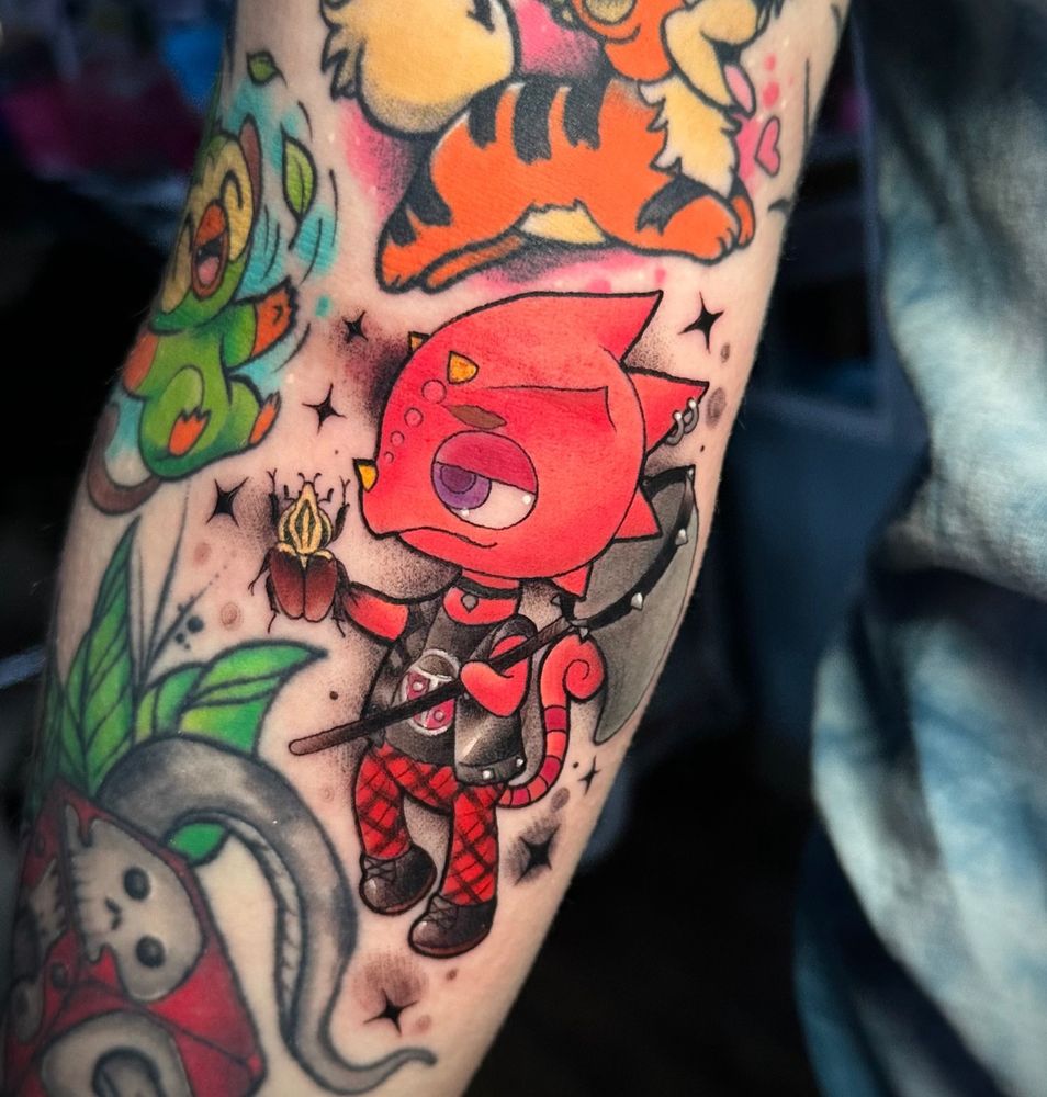 A tattoo of Flick from Animal Crossing in full color