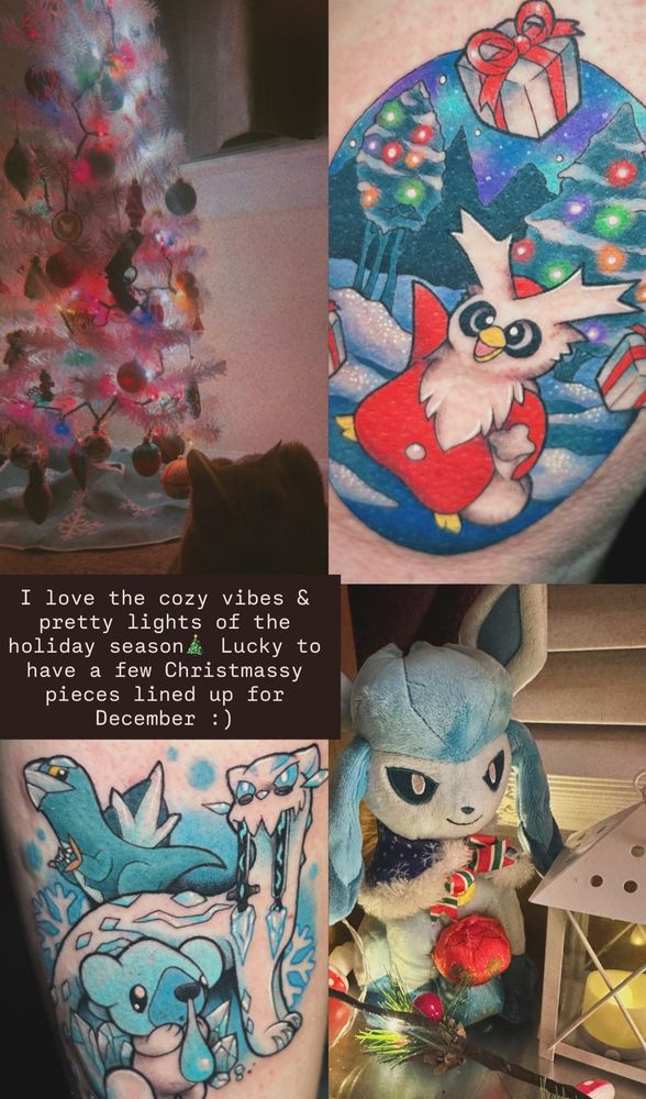 A collage showing a couple decorated scenes from my apartment with a white lit up tree & a Christmas-themed Glaceon plushie. The other two panels are wintry Pokémon tattoos I've done; one of Cubchoo, Chien Pao & Arctibax, the other of Delibird!