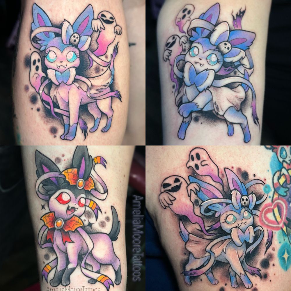 A collection of Sylveon tattoos in different custom variants of Vampire & Ghost vibes