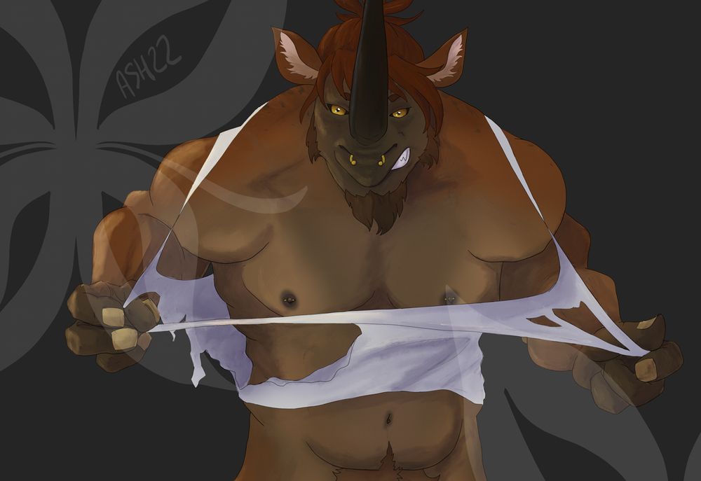 a muscular anthro woolly rhino man with pierced nipples and a nosering, ripping his tank top off, because who doesn't like that?