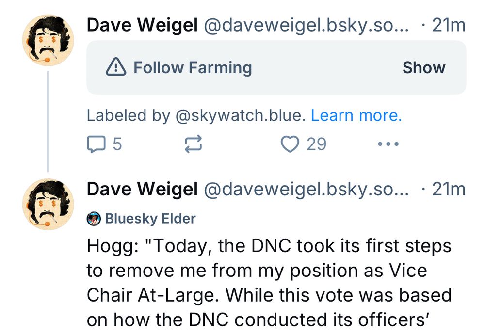 Screenshot of bluesky UI showing Dave’s original post flagged as “follow farming” by skywatch — his reply to his own post is unflagged 