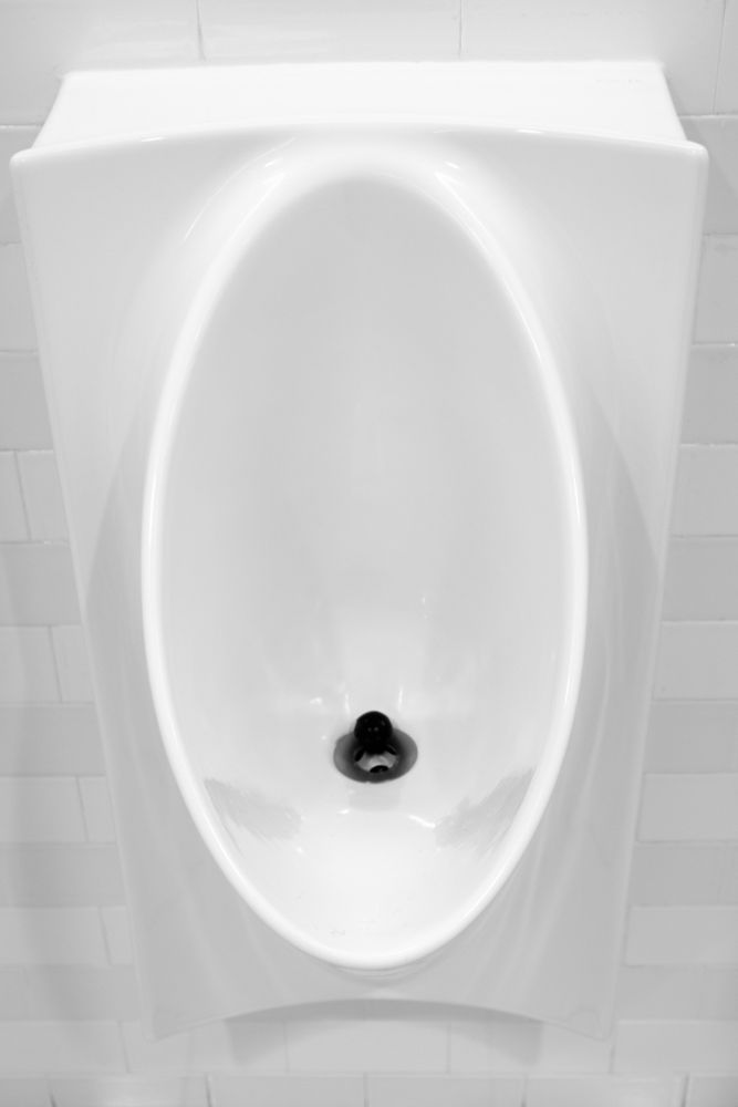A portrait photograph of a urinal in a men’s bathroom. Soft curves that could be seen to possibly resemble that of a woman’s anatomy. 