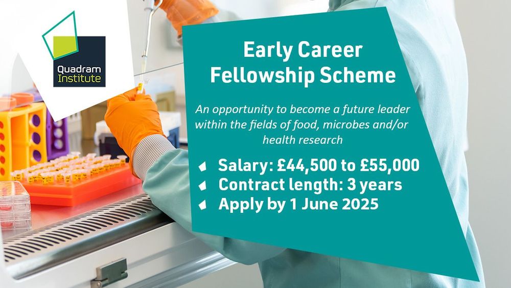 A photo of someone working in the lab pipetting with the text "Early Career Fellowship Scheme. Any opportunity to become a future leader within the fields of food, microbes and/or health research. Salary: £44,500 to £55,000, Contract length: 3 years, Apply by 1 June 2025"