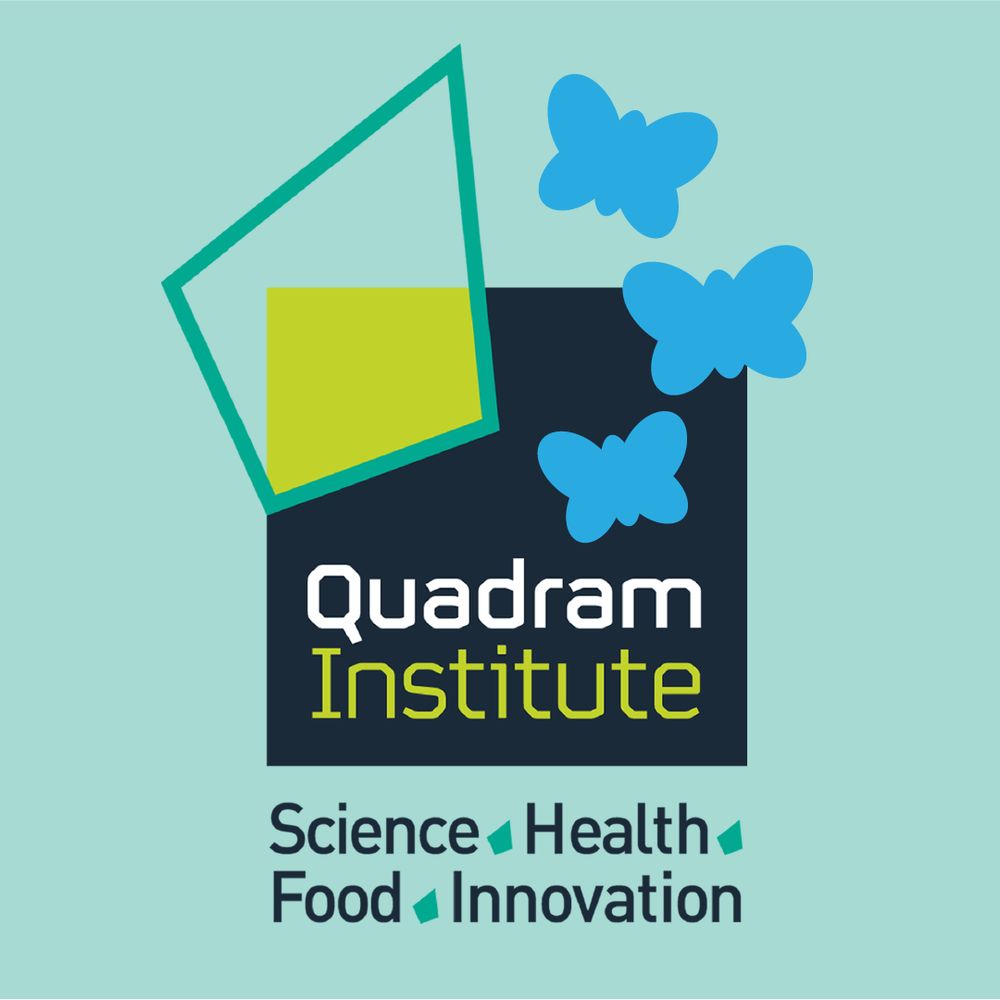 A graphic showing the Quadram Institute logo with blue butterflies resembling the Bluesky logo.