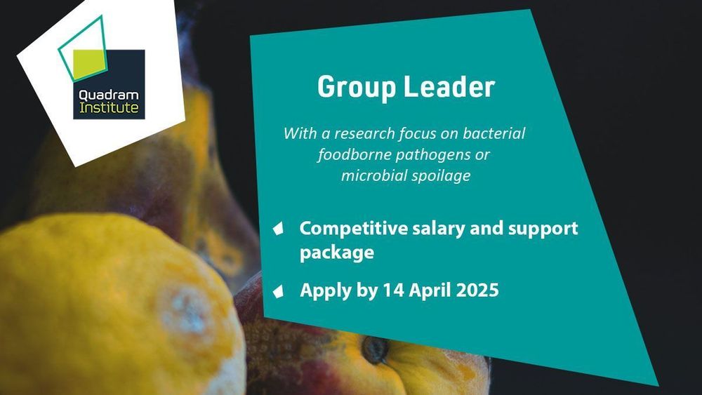 Vacancy social card for a Group Leader position, seeking a scientist with a research focus on bacterial foodborne pathogens or microbial spoilage. Competitive salary and support package offered. Apply by 14 April 2025.