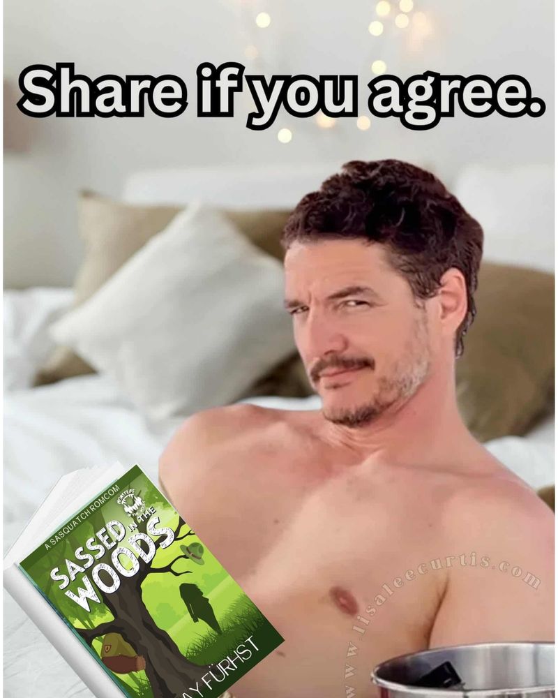 A meme showing Pedro Pascal lounging shirtless on a bed. He is smirking at the camera while reading a book. The book cover is for 