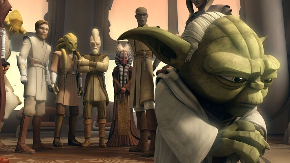 Yoda looking down, thinking deeply. The Jedi Council (from left to right), Plo Koon, Obi-wan Kenobi, Kit Fisto, Ki-Adi Mundi, Shaak Ti, Mace Windu, and Saesee Tiin, are observing Yoda with concern. Star Wars: The Clone Wars.