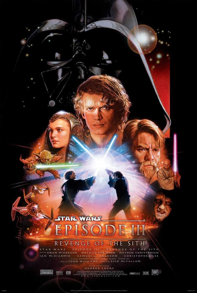 Movie poster of Star Wars: Episode III - Revenge of the Sith. Featuring characters: Darth Vader looming above, Anakin Skywalker, Obi-Wan Kenobi, Padme Amidala, Yoda with his lightsaber, Mace Windu wit his lightsaber, and Emperor Palpatine. To the left are two Jedi Starfighters flying and in the middle is a lightsaber duel between Anakin and Obi-Wan.
