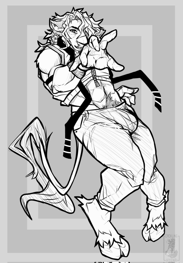 Jojo inspired drawing pose with a cow bull sona reaching out for the audience with bent legs and body.