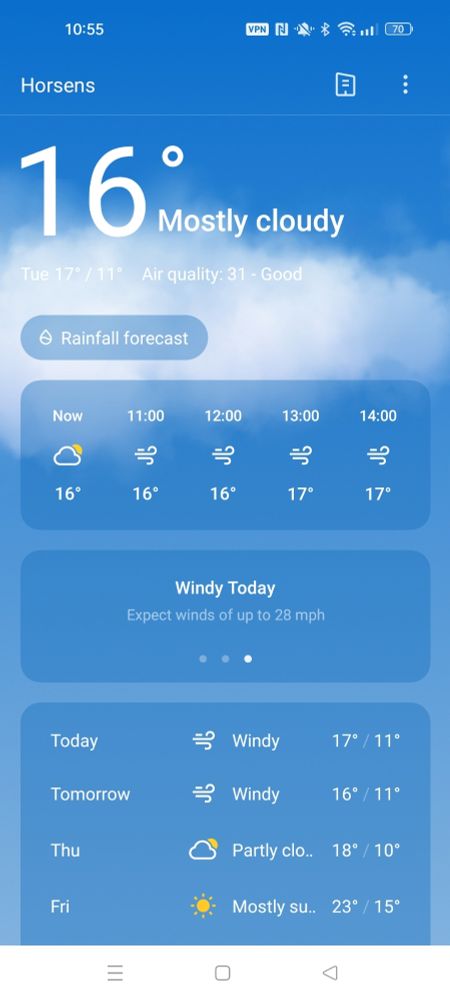 Weather forecast for Horsens, Denmark. Next few days 17-18 degrees.