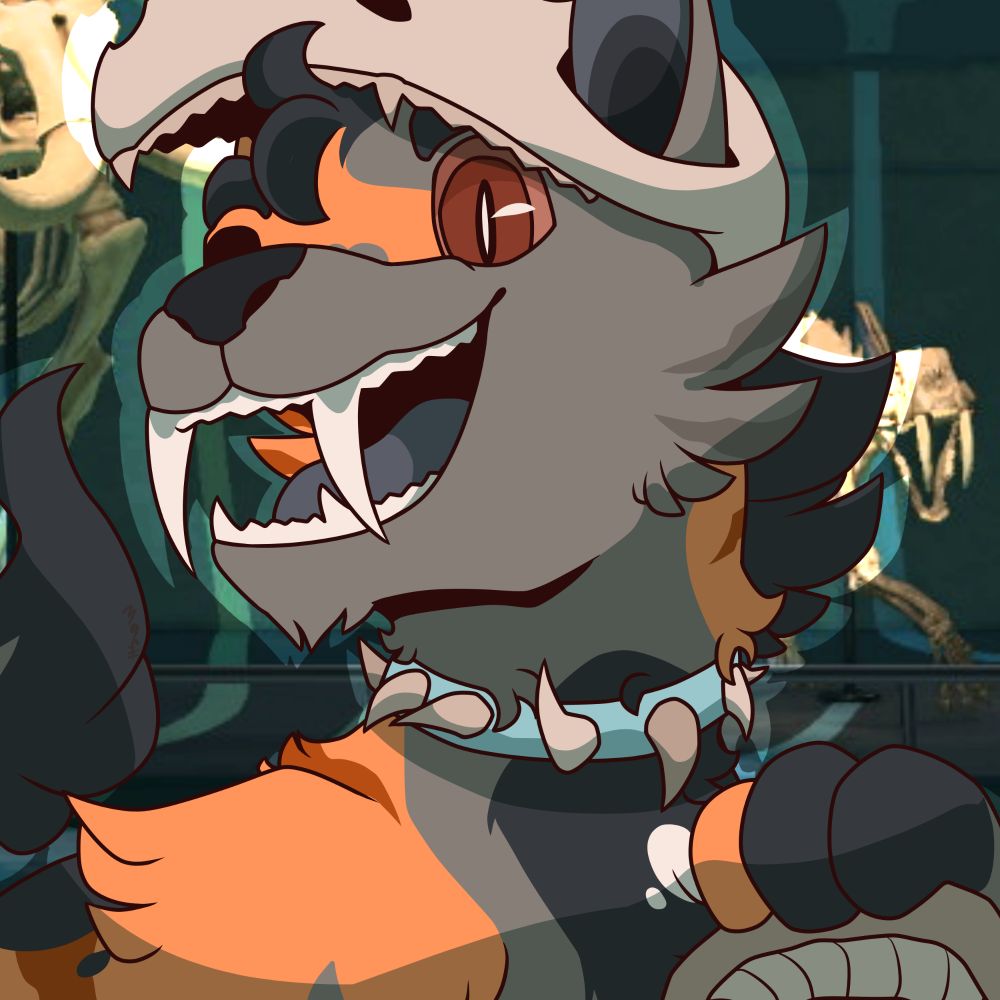 An icon drawing of an orange, gray and black tabby (my catsona, Backdraft!) sporting an animal skull on their head and backdropped by various fossilized skeletons.