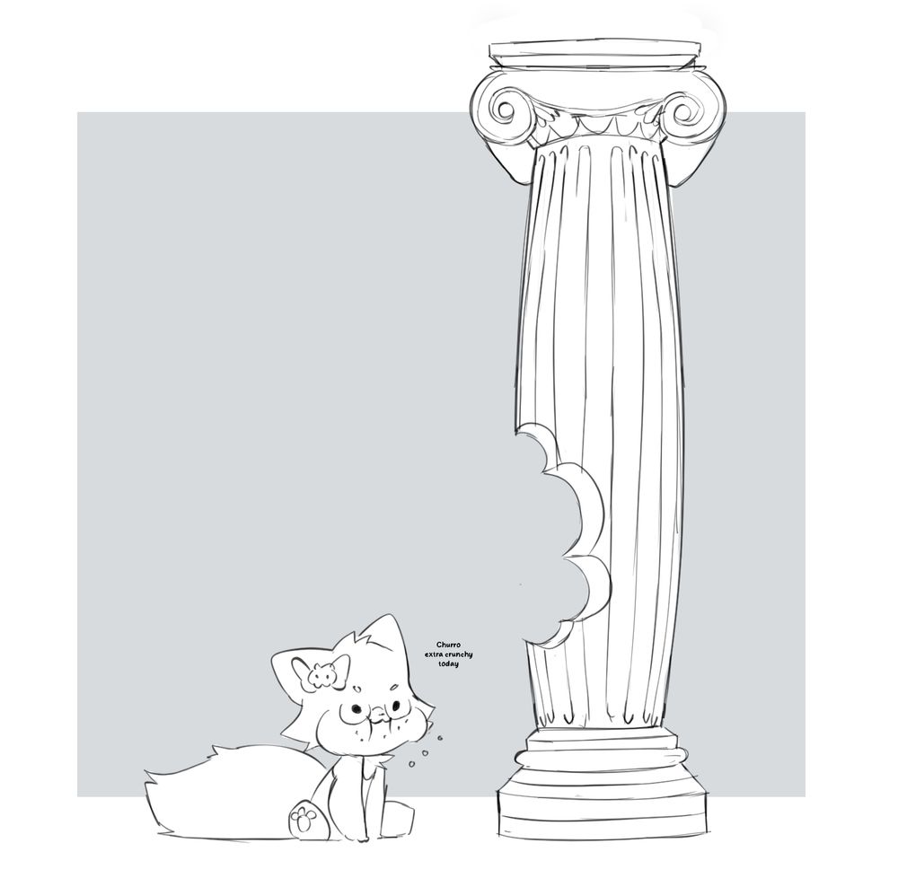Yuki Biting onto Roman Column, saying "Churros extra crunchy today"