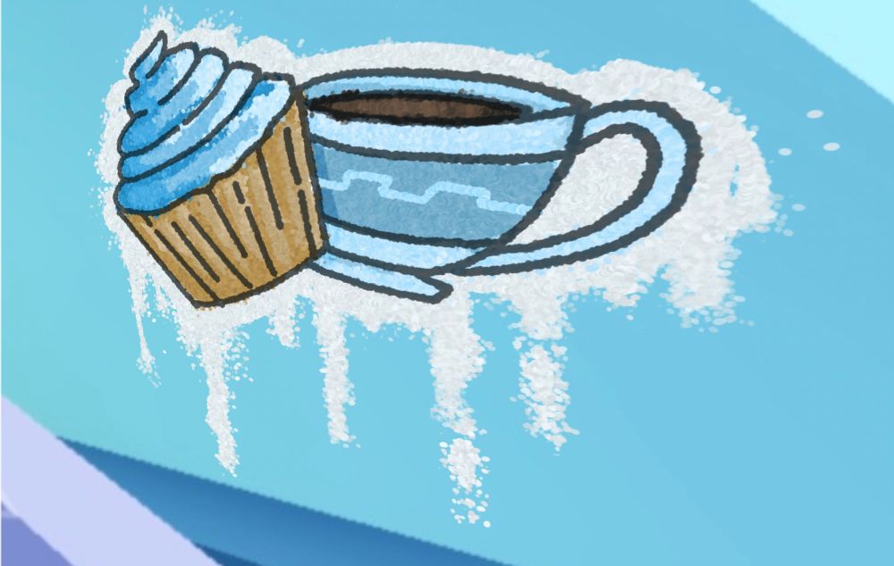 a spray painted picture of a cupcake with blue frosting and a cup of tea in a blue teacup on the side of Slingshot’s Cafe ‘Thieves Rest’