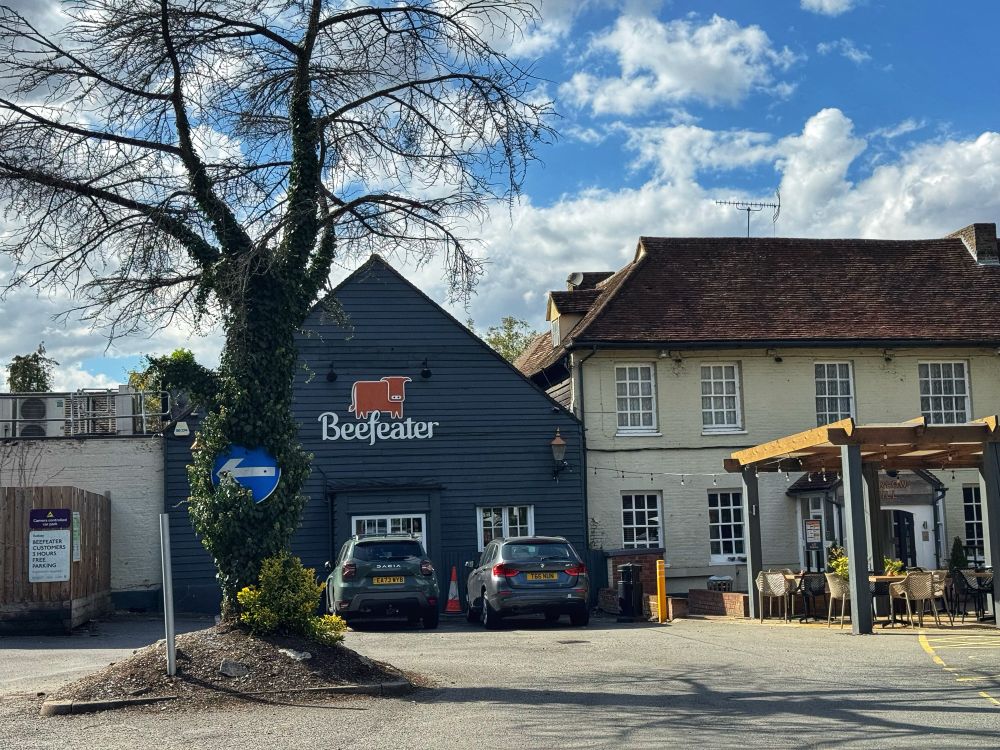 A remote looking old mill site converted to a pub called beef eater and a hotel.