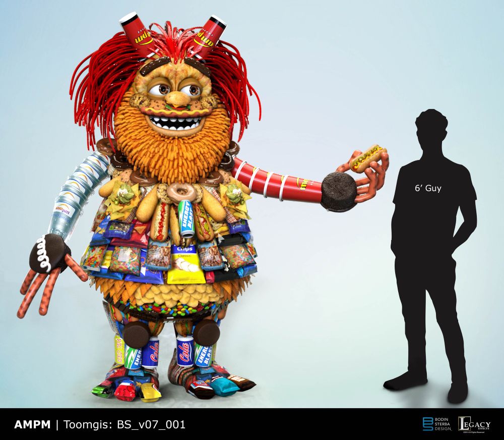 Image of Toomgis the snack giant, a horrifying creature. He’s shaped like gritty and composed entirely of snacks one could find at a gas station. His hand is a hostess cupcake and his fingers are hot dogs. His hair is Twizzlers and his beard is Cheetos. 