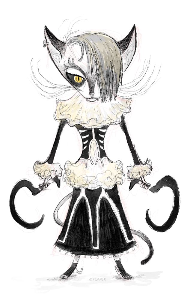 a scribble/sketch of a cat assassin. they're wearing a black dress with white ruffles and wielding double scythes, looking menacingly at the viewer.