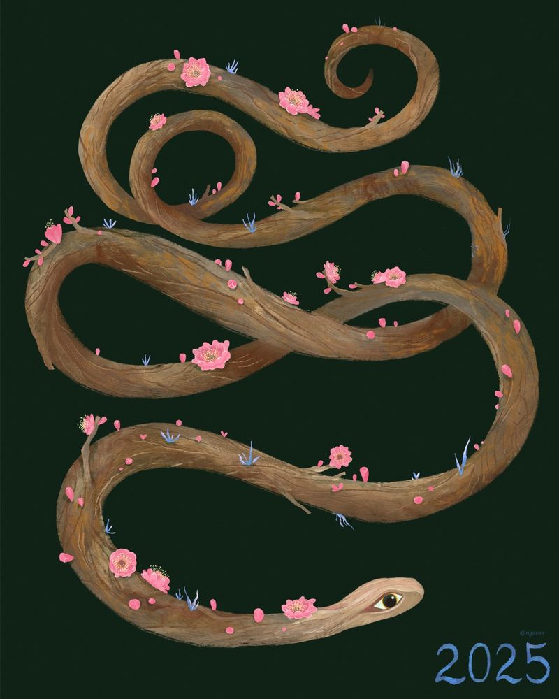 A snake made of wood with plum blossoms sprouting from its back, slithering downwards towards 2025.