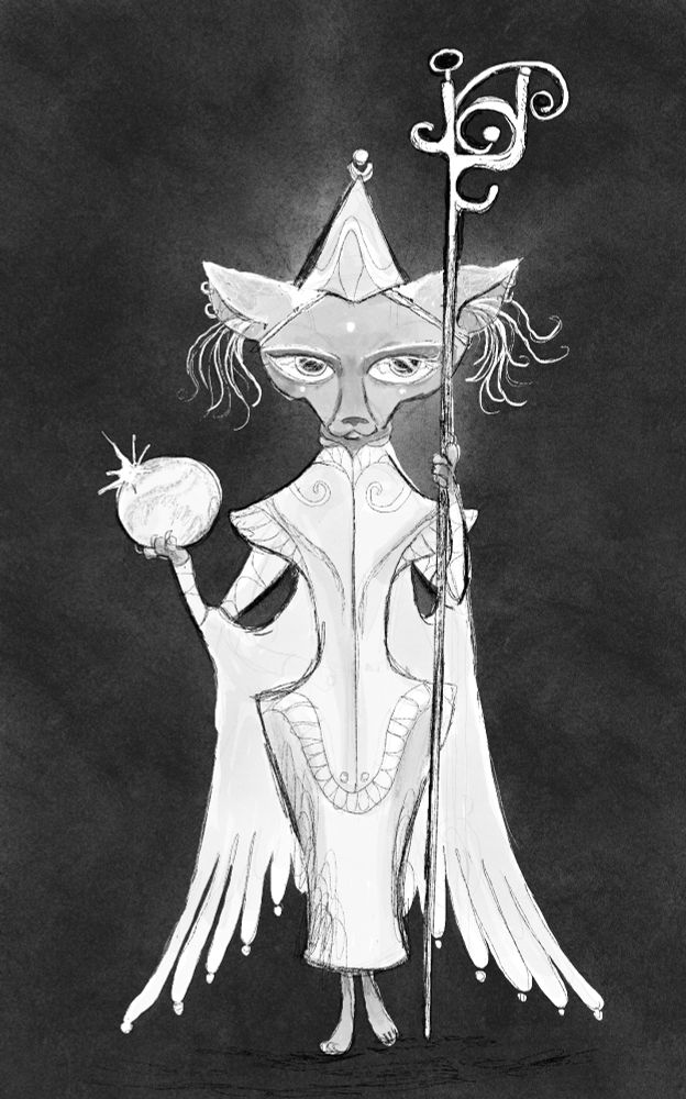 a scribble/sketch of a mage cat. they're dressed in a white dress with a wing-like cape attached to their back, while holding a magical intricate staff and a crystal ball. also wearing a little wizard hat and long whiskers coming out of their ears.