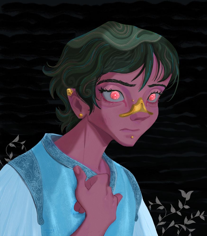 a young person with deep green hair and red glowing eyes apprehensively stares at the second image of the post. they are wearing a light blue shirt-dress and their right hand is over their chest. the background is black with grey weeds sprouting from the bottom os the illustration. #originalart 