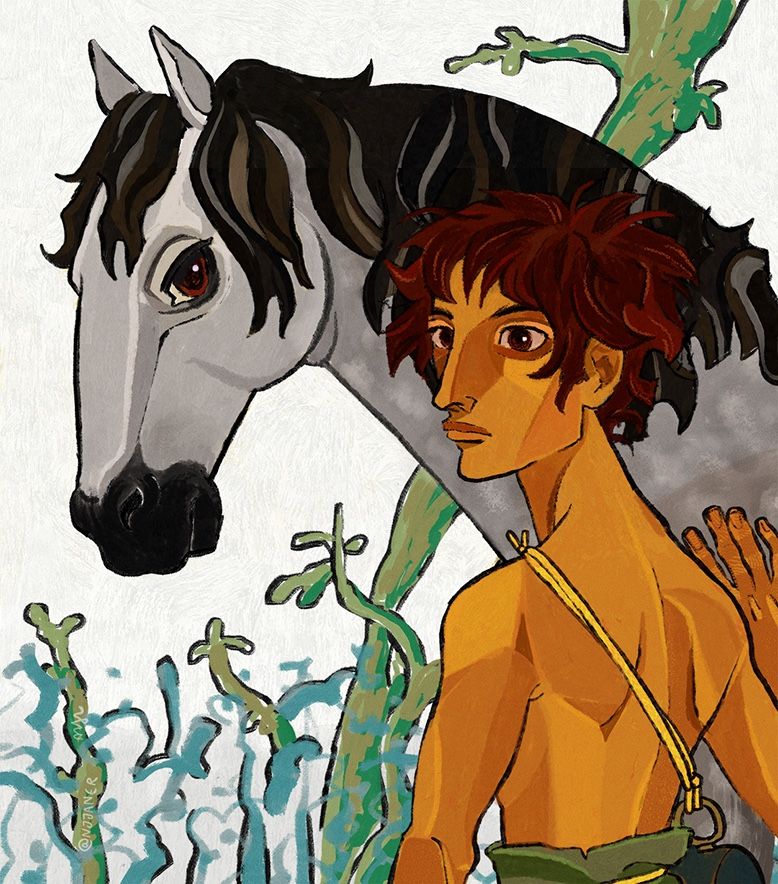 an illustration of a brown-haired shirtless boy and a grey horse. the boy has his back to the viewer, and is touching the horse's neck while looking ahead. the horse stands calm and alert to the boy. behind them are some green vines. the boy also carries a water canteen around his chest. #digitalart #BRart