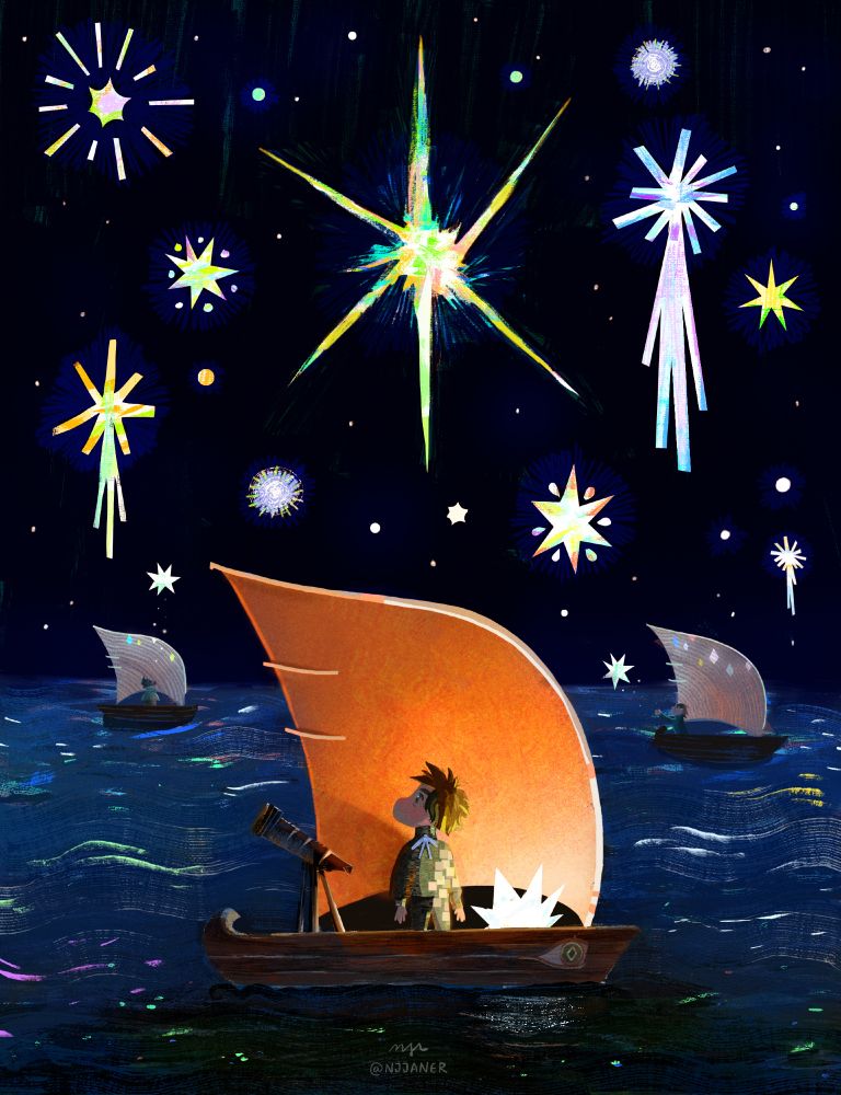 a child travels alone at night on a small boat with an orange sail. they carry a luminous star and a telescope, watching the night sky burst with fireworks and stars from other boats, the light reflecting over the sea.