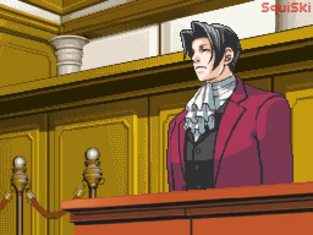 a pixel art drawing of a man in a courtroom with squiski written on the bottom