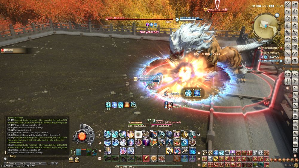 Final Fantasy XIV. Mount Rokkon Shishio boss at 2.8% of HP left.