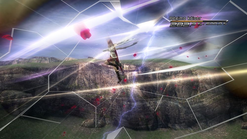Final Fantasy XIII. Lightning is doing the last hit with Odin Swords, she is doing damage to a Kaiser Behemoth.