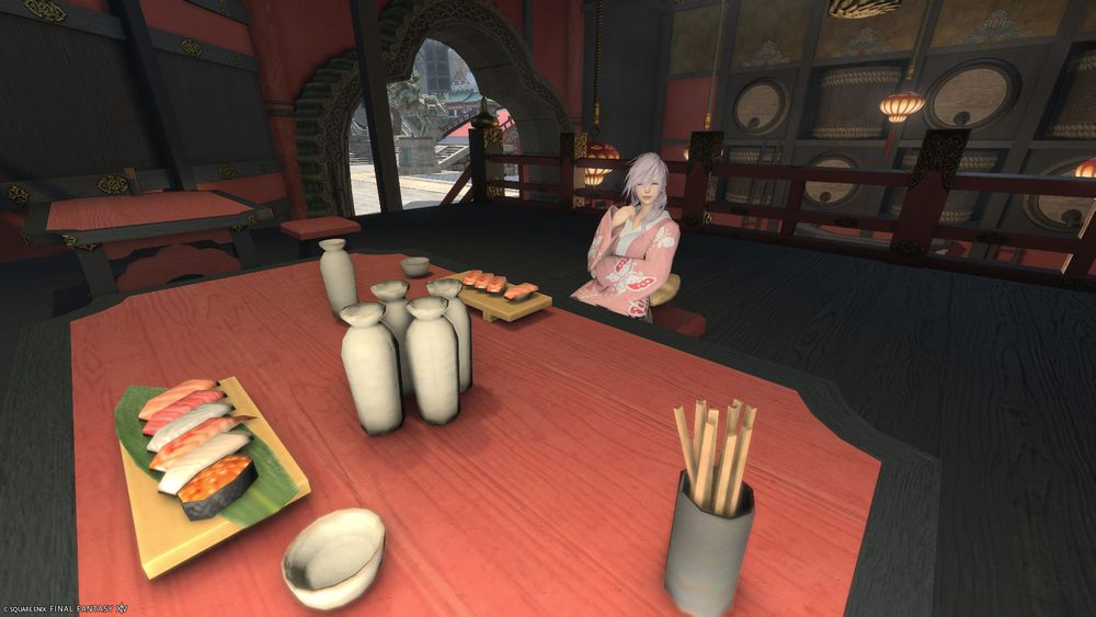 Final Fantasy XIV. Character with the appearance of Lightning with a pink Yukata.
She is eating some sushi from the restaurant and drinking Sake, while is smiling.