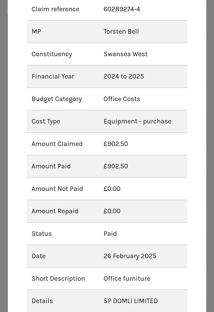 Expense claim for £902.50 from SP Domli Ltd for office furniture