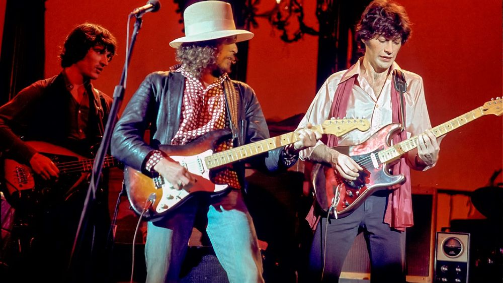 Rick Danko,Bob Dylan und Robbie Robertson beim Last Waltz