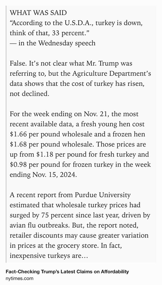 Text Shot: WHAT WAS SAID
“According to the U.S.D.A., turkey is down, think of that, 33 percent.”
— in the Wednesday speech

False. It’s not clear what Mr. Trump was referring to, but the Agriculture Department’s data shows that the cost of turkey has risen, not declined.

For the week ending on Nov. 21, the most recent available data, a fresh young hen cost $1.66 per pound wholesale and a frozen hen $1.68 per pound wholesale. Those prices are up from $1.18 per pound for fresh turkey and $0.98 per pound for frozen turkey in the week ending Nov. 15, 2024.

A recent report from Purdue University estimated that wholesale turkey prices had surged by 75 percent since last year, driven by avian flu outbreaks. But, the report noted, retailer discounts may cause greater variation in prices at the grocery store. In fact, inexpensive turkeys are often used as an enticement known as “loss leaders.”

The Farm Bureau survey estimated that the price of a 16-pound turkey was $25.67 in 2024, compared…