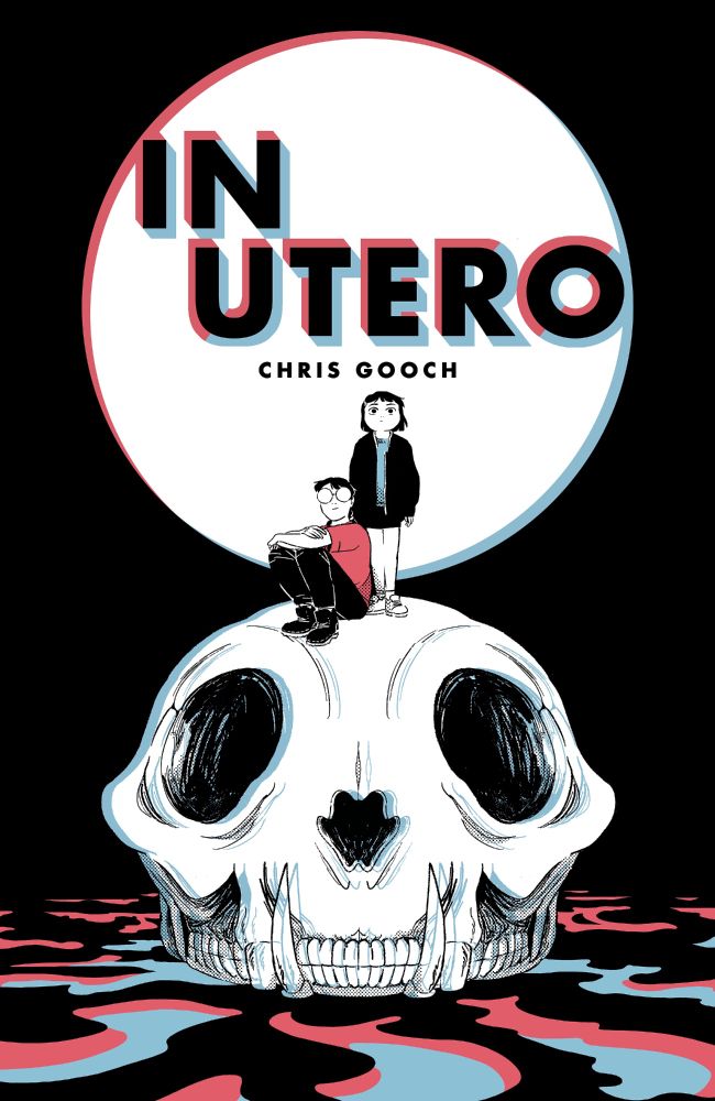 The cover of the In Utero graphic novel. The background is black. At the top inside a circle (which could be the moon?) it reads: IN UTERO. CHRIS GOOCH. Just under the text two kids are on top of a skull. One of them is standing, the other is sitting down. They're both looking back at the reader. The skull is not human. It's some sort of creature's with long sharp fangs. The skull is immersed in some sort of fluid that is red, blue and black. A dark and mysterious cover. Read the graphic novel! 
