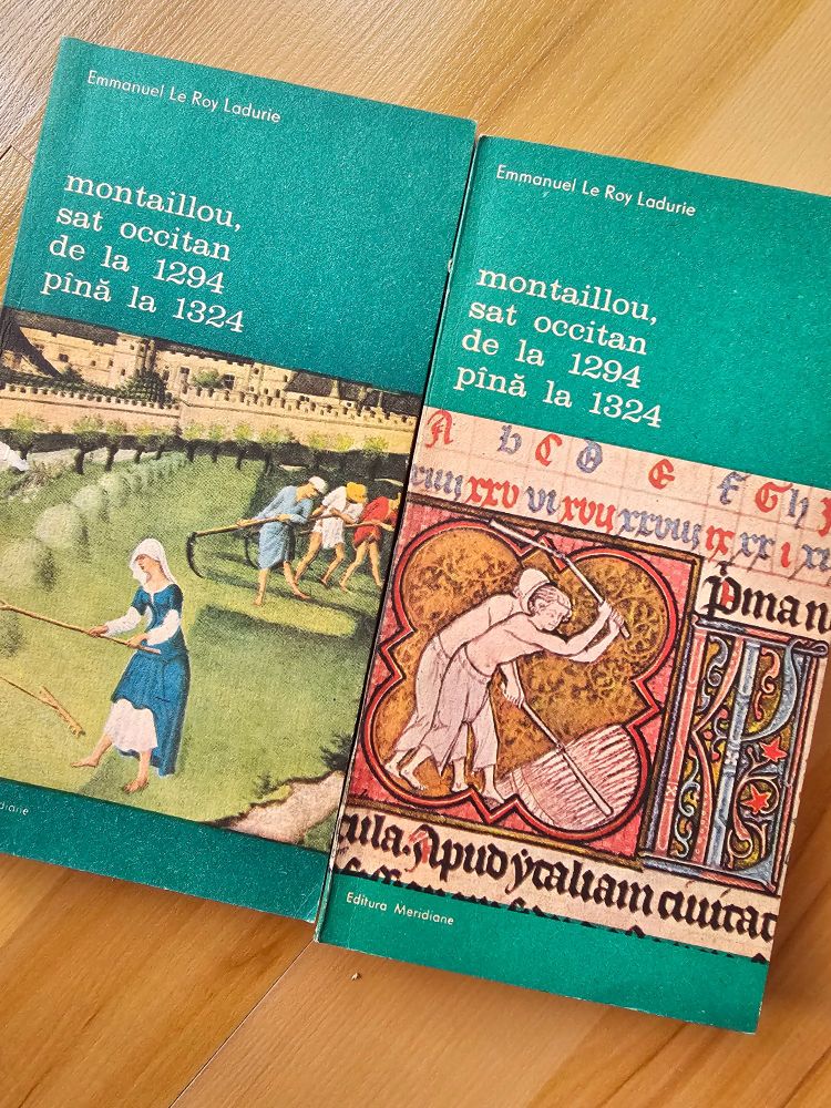 image of a two-volume book in Romanian about Mountaillou by Emmanuel Le Roy Ladurie.