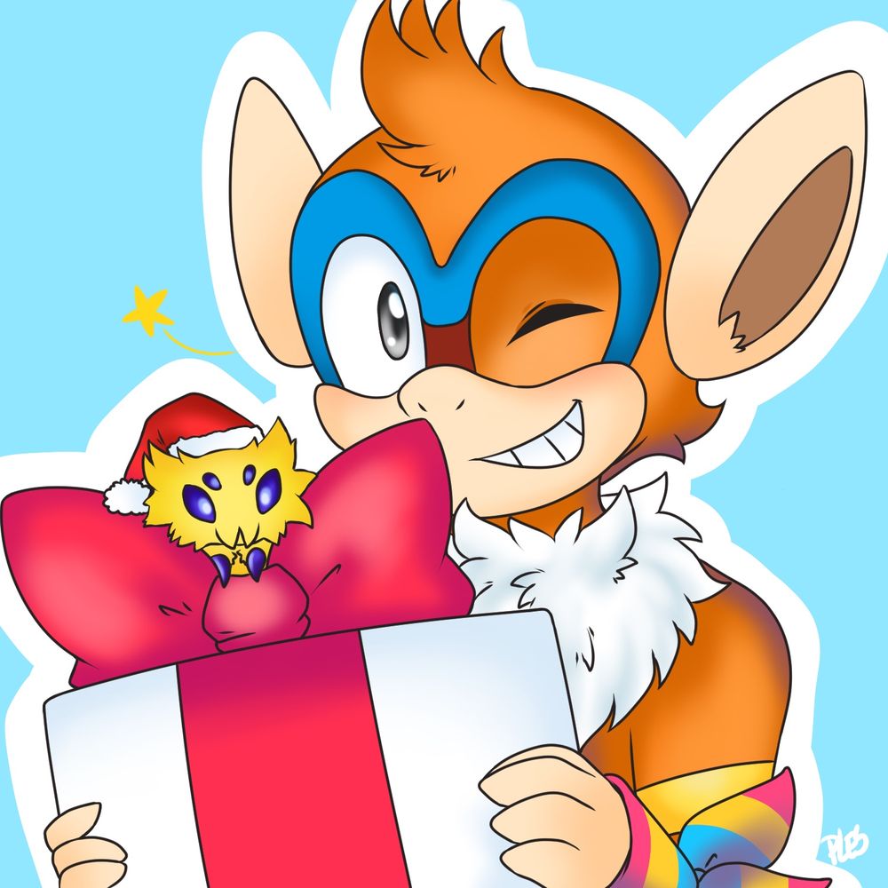 Art of the poster's "Pokésona", an anthropomorphized Monferno named Xan, drawn by @plesioth.bsky.social. This piece features Xan winking and holding a white present box with a red ribbon. A Joltik is on top of the ribbon, wearing a santa hat. This piece is often used as a profile picture around December, in reference to Christmas.