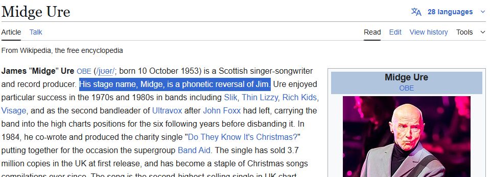 Extract from Midge Ure Wikipedia entry which says his stage name Midge is a phonetic reversal of Jim
